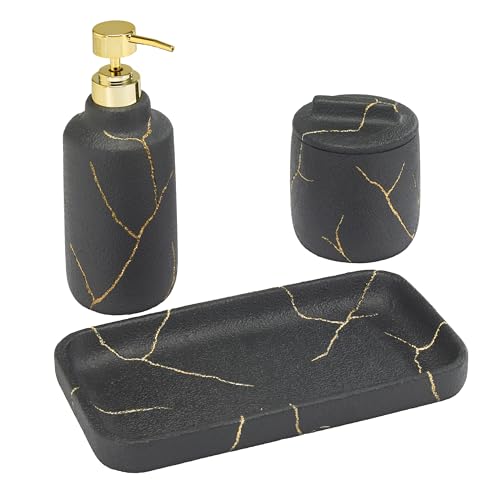Nicole Miller - Bathroom Set, 3pc Resin Countertop Accessories, Dorm Room Essentials (Sydney Collection, Black/Gold) - size: 3 Pack Accessories