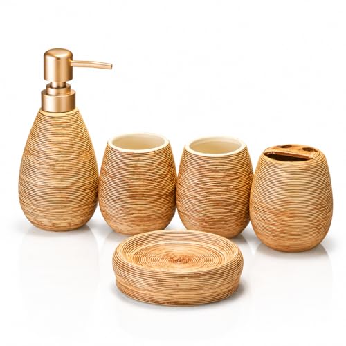 Bathroom Ceramic Accessories Set, 5 Piece Bathroom Set with Including Soap Dispenser, Mouthwash Cup, Soap Dish, Toothbrush Holder (Brown) - color: Brown