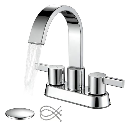 Bathroom Sink Faucet 3 Hole Chrome, 4 Inch Centerset | 360 Degree Swivel Waterfall Spout, Stainless Steel Bathroom Faucet for Sink 3 Hole, with Pop Up Drain, Chrome Bathroom Faucet - color: Chrome
