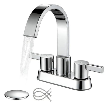 Bathroom Sink Faucet 3 Hole Chrome, 4 Inch Centerset | 360 Degree Swivel Waterfall Spout, Stainless Steel Bathroom Faucet for Sink 3 Hole, with Pop Up Drain, Chrome Bathroom Faucet - color: Chrome