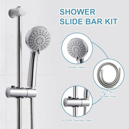 OFFO Shower Slide Bar Combo, Adjustable 21 in Slide Bar with 3-Mode Round Handheld Shower Head and 60 in Stainless Steel Hose, Screw Wall Mounted, Chrome Finish - style: Round 21" Slide Bar & 60" Hose