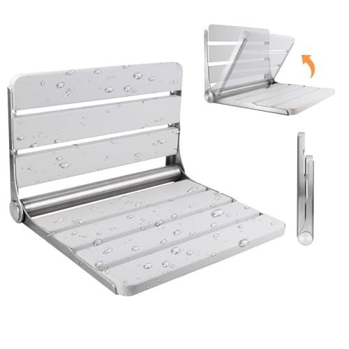 Teak Folding Shower Seat Wall Mounted, 16" Foldable Shower Bench, 400lbs Max Load, Space-Saving Fold Down Design for Seniors, Elderly & Small Shower Spaces (White, 16 inchs) - color: White, size: 16 inchs