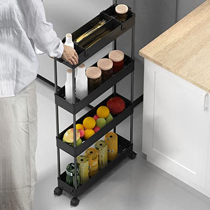 Slim Storage Cart 4 Tier,Bathroom Organizer Rolling Utility,Mobile Shelving Unit Slide Out for Office, Kitchen, Laundry Room & Narrow Places,Black - color: Black
