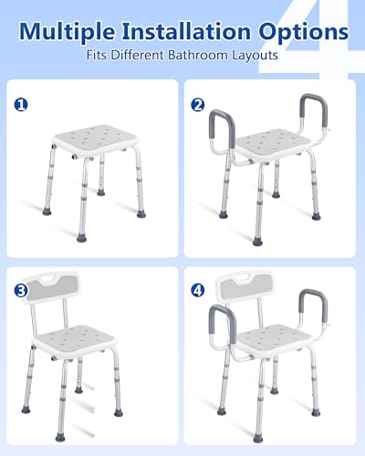 Shower Chair with Back and Arms, 330 lb Capacity | Height Adjustable, Padded Armrests, Non-Slip Seat, For Seniors, Elderly and Disabled Users