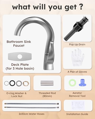 WOWOW Single Handle Bathroom Faucet, 1 Hole, High Arc, Brushed Nickel, Pop-up Drain, Solid Brass, Commercial Bathroom Sink Faucet, Basin Vanity Bar Faucet - color: Brushed Nickel