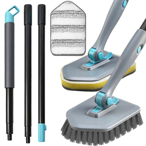 Long Handled Scrub Brush for Shower,3-in-1 Cleaning Brushes with 3 Different Function Cleaning Heads Brush for Shower Cleaning Bathroom Kitchen Walls Tub Tile (Grey) - color: Gray