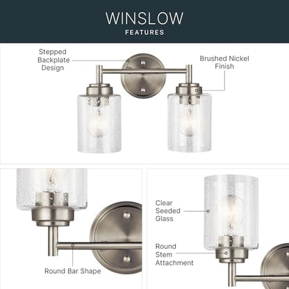 Kichler Winslow 12.75" Vanity Light in Brushed Nickel, 2-Light Transitional Bathroom Light with Clear Seeded Glass. (12.75" W x 9.25" H), 45885NI | Clear seeded glass vanity light for bathroom mirrors (12.75" x 9.25"), 45885NI - color: Brushed Nickel, siz