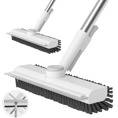 Floor Scrub Brush with Long Handle, 3 in 1 Scrape and Heavy-Duty Stiff Bristle Scrubber Brush for Cleaning Shower Bathroom, Patio, Garage, Kitchen, Wall and Deck (White, 2 Pack) - color: White, size: 2 PACK