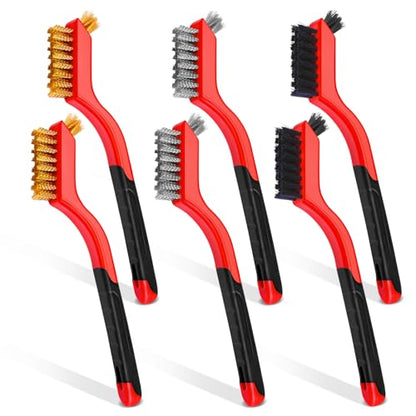 Wire Brush Set, 6 Pcs Brass/Stainless Steel/Nylon Wire Brushes | Red, 7" Total Length for Tight Spaces, For Cleaning with Curved Handle Grip for Rust Removal, Dirt, Paint Scrubbing - style: Red-6pcs