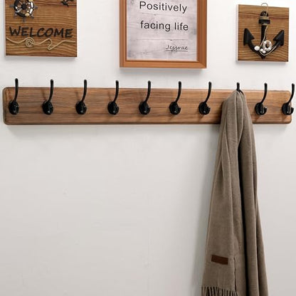Wall Mounted Coat Rack: 38-1/4" Long, Patented, Heavy-Duty, 10-Double-Hooks Wooden Hanger Rail for Winter Coats, Hats, Jackets, Clothing - Natural & Black, Pack of 2 - color: Natural & Black, size: L=38.3"(2pcs)