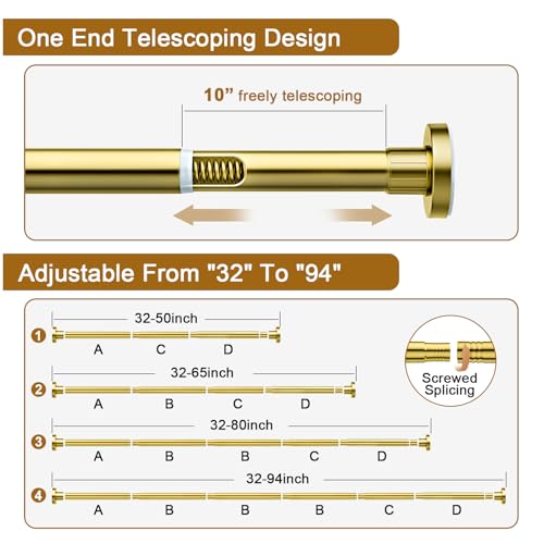 Ausemku Shower Curtain Rod 32-80 Inch Adjustable - 1 Inch Diameter Heavy Duty No drill Spring Tension Shower Rod, Non-Slip Rustproof Telescopic Rod for Bathroom, Gold - color: Warm Gold, size: 32-80 Inches
