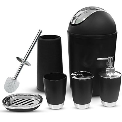 Bathroom Accessories Set, 6-Piece Plastic Gift Set, Toothbrush Holder, Toothbrush Cup, Soap Dispenser, Soap Dish, Toilet Brush Holder, Trash Can (Black) - color: Black