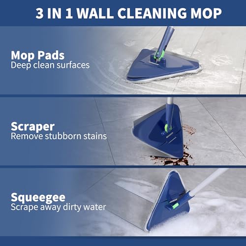 BOOMJOY Wall Cleaner Mop with 82 Inches Long Handle, Baseboard Cleaner Tool Duster with Squeegee, Ceiling Cleaning Tool with 6 Replacement Pads for Painted Walls, Window, Floor - Blue - color: Blue