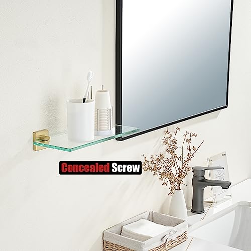 JQK Bathroom Glass Shelf, Floating Tempered Glass Shower Storage 12 by 5 inches, 304 Stainless Steel Brushed Gold Wall Mount 2 Pack, TGS201L12-BG-P2 - color: Brushed Gold, size: 12 Inch(2 Pack)