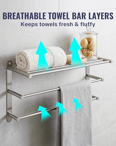 Bathroom Towel Rack Wall Mounted: 24 Inch Brushed Nickel Towel Rack with Double Towel Bar - SUS304 Stainless Steel Bath Towel Holder with Shelf for Hotel Lavatory - color: Brushed Nickel