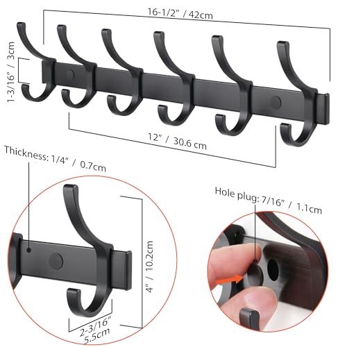 Coat Rack 2 Pack Wall Mounted - 6 Double Hooks, Matte Black, Heavy Duty, Aeropace Grade Aluminum Alloy, Metal Coat Hook Hanger Entryway Bathroom (6 Double Hooks - 2 Pack) - color: Matte Black, size: 6 Hooks - 2 Pack
