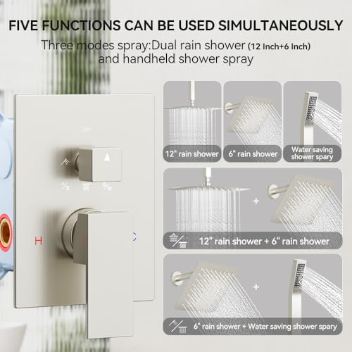 STARBATH Shower Faucet Set Shower System with Diverter Valve Brushed Nickel | 12 Inch Ceiling Mount Rain Shower Head, 6 Inch Wall Mount Rainfall Shower Head and Handheld Spray for Two Person - color: Brushed Nickel, size: 12"+6"-02