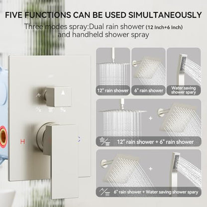 STARBATH Shower Faucet Set Shower System with Diverter Valve Brushed Nickel | 12 Inch Ceiling Mount Rain Shower Head, 6 Inch Wall Mount Rainfall Shower Head and Handheld Spray for Two Person - color: Brushed Nickel, size: 12"+6"-02
