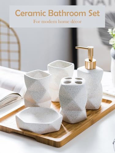 Ceramic Bathroom Accessories Set, 5-Piece Modern Bath Set with Soap Dispenser, Toothbrush Holder, 2 Tumblers & Soap Dish, Speckled Stoneware Countertop Bathroom Decor