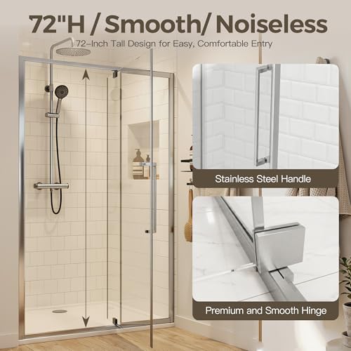 44-48" W x 72" H Pivot Shower Doors, Semi-Frameless Swing Water Repellent Glass Shower Doors with 1/4" (6mm) Clear SGCC Tempered Glass, Chrome Finish, Reversible Installation, Magnetic Closing | 1/4" (6mm) Clear SGCC Tempered Glass with a 24.8" walk-in op