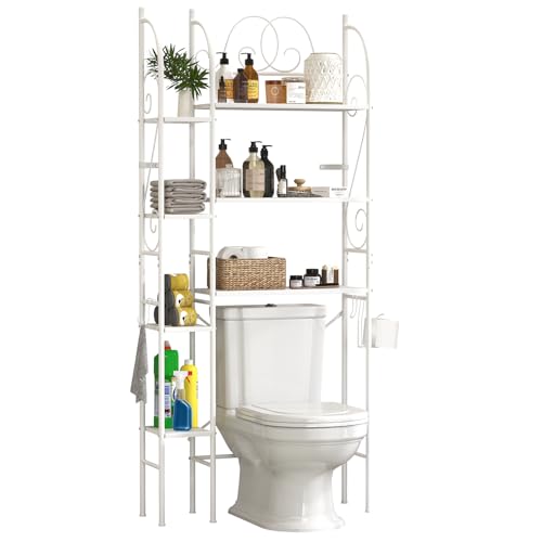 7-Tier Over the Toilet Storage Rack, Heavy-Duty Metal Bathroom Organizer with Adjustable Shelf, Toilet Paper Holder & Side Hooks, Space Saver for Small Bathrooms, Laundry Room & Apartments, White