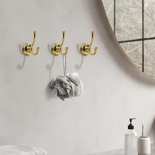 TUNNY Towel Hook Bathroom-2 Pack Shiny Gold（PVD-Gold） Double Robe/Towel Hook Wall Mounted Hook for Bathroom Bedroom Kitchen - color: PVD-Gold