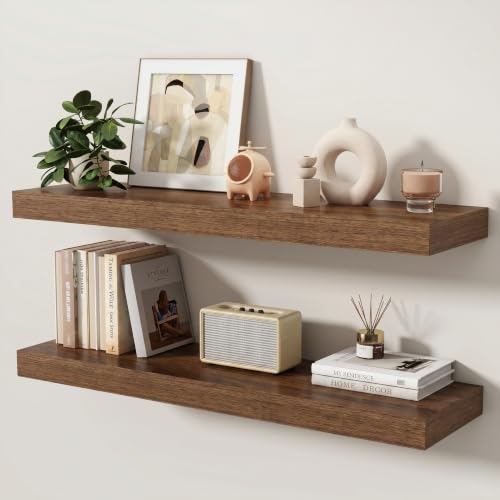 Floating Shelves for Wall, 36 Inch x 8 Inch Deep Wall Mounted Wood Shelf with Invisible Brackets for Storage & Display, Living Room Bedroom Kitchen, Walnut, Set of 2 - color: Walnut, size: 36 Inch, Set of 2