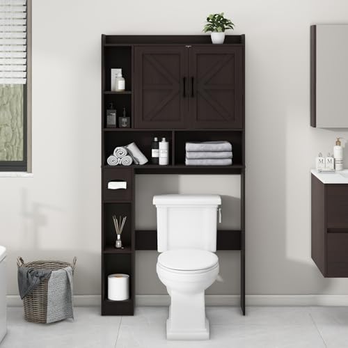 Vabches Over The Toilet Storage Cabinet with 2 Barn Doors, Espresso | Farmhouse Storage Cabinet with Toilet Paper Holder Stand，Home Space-Saving Toilet Rack, for Bathroom, Restroom, Laundry - color: Espresso, style: 2 Barn Doors