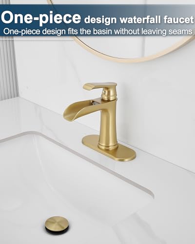 Waterfall Faucet, Brass Gold Bathroom Faucet 1 Hole, 1 Handle Bathroom Faucets for Sink 3 Hole (4 Inch) with Pop-up Drain, Hoses & Deck Plate - color: Brushed Gold-Noble
