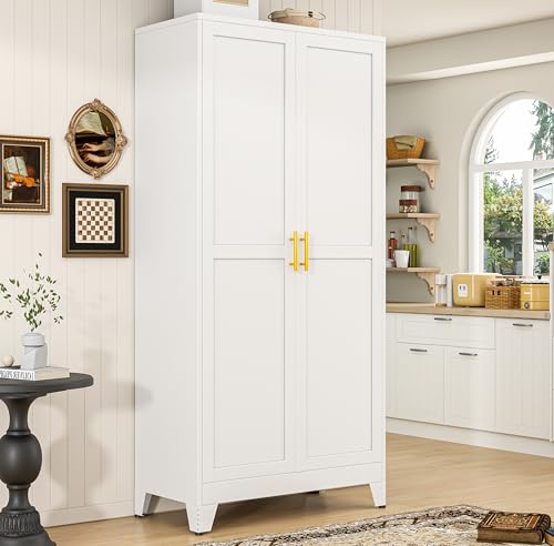 PAOFIN 75" Metal Kitchen Pantry Cabinet,White Storage Cabinet with Doors and 5 Adjustable Shelves, Cabinet with 2 Metal Handles,Tall Cabinet for Livingroom,Pantry, Bathroom,Kitchen - color: White, size: 75"-5 Adjustable shelves-A