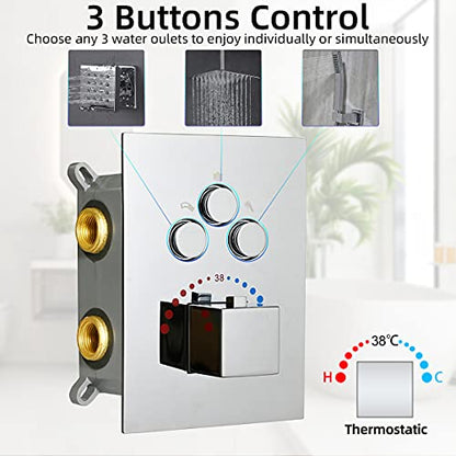 Full Body Shower System with 4PCS Body Jets Thermostatic 12 Inch Wall Mounted Shower Faucet Set Fixtures Complete with Valve Kit, Can Use All Function At Once Chrome - color: Chrome