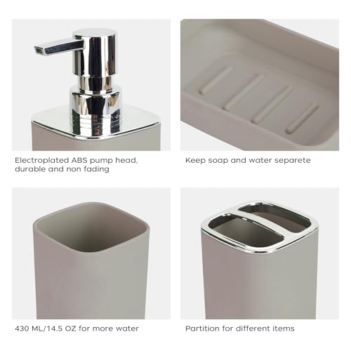 4Pcs Beige Bathroom Set, Square Boho Soap & Toothbrush Holder Set | Thick shatterproof ABS, electroplated rust-proof pump, drip-free, multi-slot holder, dustproof lids, easy-clean - color: Beige, size: 4PCS