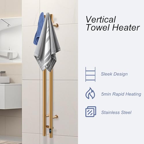 Heated Towel Rack, Towel Warmer with Timer, Wall Mounted hot Towel Warmer Rack for Bathroom, Hardwired or Plug-in Models Vertical Towel Heater, 2 Vertical Rack Round Design (Gold) - color: Gold
