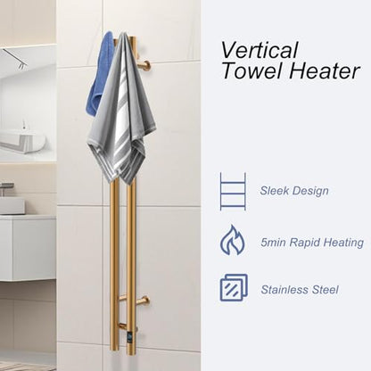 Heated Towel Rack, Towel Warmer with Timer, Wall Mounted hot Towel Warmer Rack for Bathroom, Hardwired or Plug-in Models Vertical Towel Heater, 2 Vertical Rack Round Design (Gold) - color: Gold