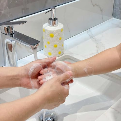 Flower Ceramic Soap Dispenser Cute Daisy Hand Soap Bottle 11.5 Oz | Floral Liquid Soap Dispenser with Pump, Refillable for Lotion, Shampoo, Body Wash, Bathroom Kitchen Vanity Countertop Decor