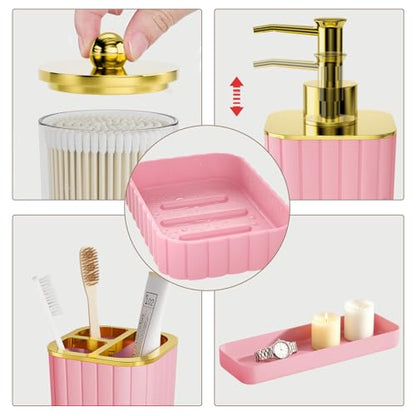 XLHOMO Bathroom Accessory Set - Gorgeous Bathroom Set, 7PC Pink Bathroom Set, Soap Dispenser, Toothbrush Holder, Qtip Holder Set, Bathroom Sets Complete, Bathroom Sink Set for Home Decor - style: Pink&Gold