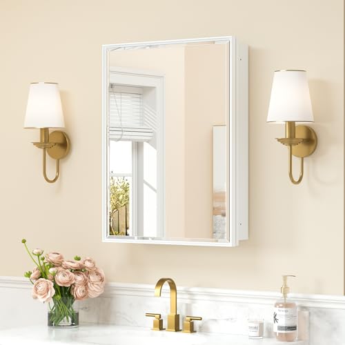Keonjinn 20" x 26" White Medicine Cabinets for Bathroom with Mirror, Recessed or Surface Wall-Mounted Aluminum Alloy Framed Beveled Mirror, Single Door Farmhouse Bathroom Mirror with Storage Cabinet - color: White, size: Mirror: 20x26 IN, style: Single-Do