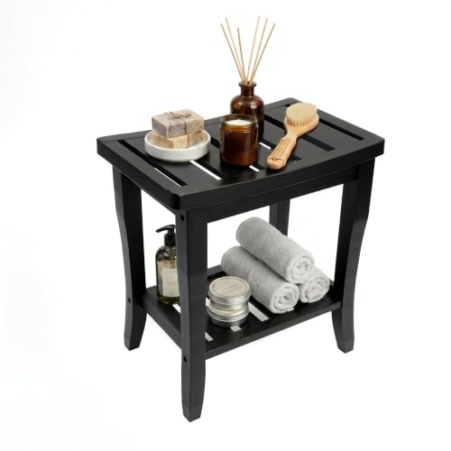 BAMBOO LAND- Bamboo Shower Bench with Storage Shelf, Black | Waterproof Shower Stool, Spa Bath Seat, Bathroom Bench Seat for Adults, Elderly, Seniors, Indoor or Outdoor Use - color: Black