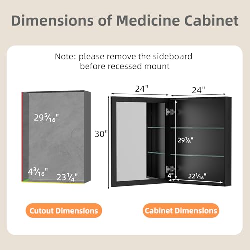 24x30 Inch Medicine Cabinet with Beveled Mirror, Aluminum Medicine Cabinet | Double Side Mirror Door, Adjustable Glass Shelves, Surface or Recessed Mount Bathroom Mirrors with Storage, Black - size: 24 in. x 30 in.