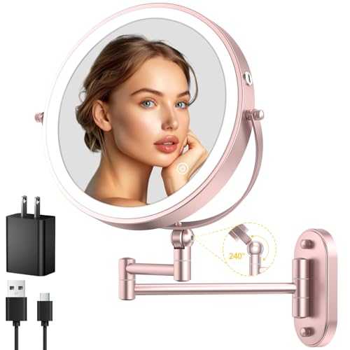 9" Wall Mounted Lighted Makeup Mirror,4000mAh Rechargeable Double Sided 1X/10X Magnifying Mirror with Light,3 Color Lights,Touch Dimmable,Extended Arm 360 Rotation Wall Mounted Makeup Mirror - color: Rose Gold