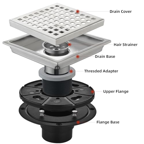 6 Inch Square Shower Drain with Removable Square Grille, Brushed 304 Stainless Steel, PVC Shower Drain Base, Includes Hair Strainer for Kitchen, Bathroom, Garage - color: 6-inch Brushed Nickel