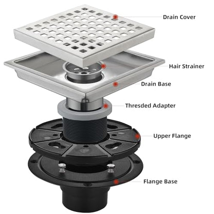 6 Inch Square Shower Drain with Removable Square Grille, Brushed 304 Stainless Steel, PVC Shower Drain Base, Includes Hair Strainer for Kitchen, Bathroom, Garage - color: 6-inch Brushed Nickel