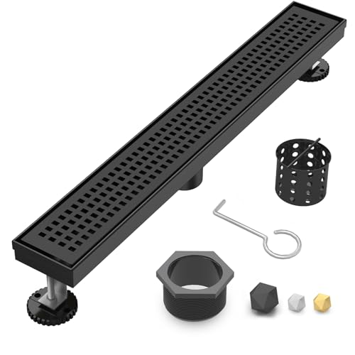 24 Inch Linear Shower Drain - Matte Black, with Removable Grate | AISI 304 Stainless Steel Shower Drain, Long Rectangle Shower Floor Drain with Adjustable Feet, Fits Bathroom & Balcony etc - color: Matte Black, size: 24 in