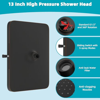 Hibbent cUPC Certified 5 Spray Modes Shower Head, 13'' High Pressure Large Rainfall Shower Head, High Flow Waterfall Bathroom Fixed Showerheads, Adjustable Swivel Ball Joint, Oil Rubbed Bronze - color: Oil Rubbed Bronze, style: Square 13''