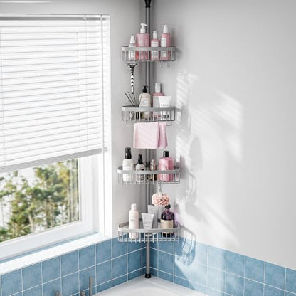 Corner Shower Caddy Tension Pole: Stainless Steel Rustproof 4-Tier Shower Organizer - 47-121 inch Adjustable Bathroom Shelves for Bathtub Shampoo Storage - Tension Rod Floor Standing Bath Rack - style: B Styel-Grey