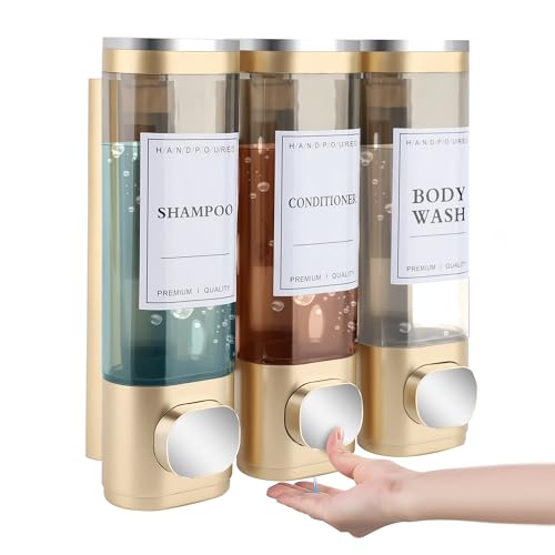 Shampoo and Conditioner Dispenser, 3 Chamber 300ml, Wall Mounted, Gold | Shower Soap Dispenser, Refillable Hand Soap Dispensers, Body Wash Dispenser for Bathroom, Kitchen, Hotel, Home - color: Gold, size: 3 Chamber