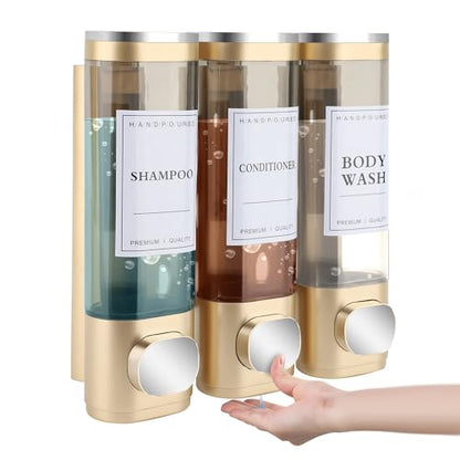Shampoo and Conditioner Dispenser, 3 Chamber 300ml, Wall Mounted, Gold | Shower Soap Dispenser, Refillable Hand Soap Dispensers, Body Wash Dispenser for Bathroom, Kitchen, Hotel, Home - color: Gold, size: 3 Chamber