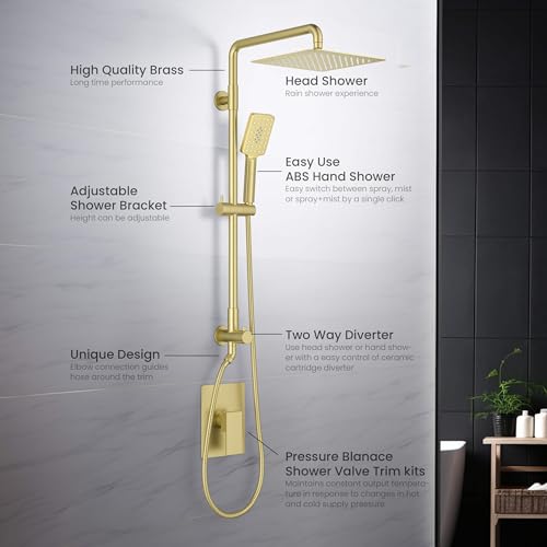 KIBI Cube 2-Function Wall Mounted Rain Shower Column | Bathroom Shower Faucet System with Solid Brass Rough-In Valve, 10" Rain Shower Head | Easy Temperature Control (Brushed Gold, KSC404) - color: Brushed Gold