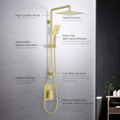 KIBI Cube 2-Function Wall Mounted Rain Shower Column | Bathroom Shower Faucet System with Solid Brass Rough-In Valve, 10" Rain Shower Head | Easy Temperature Control (Brushed Gold, KSC404) - color: Brushed Gold