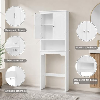 66" H White Bathroom Cabinet Over Toilet with Doors; Adjustable Shelf Bathroom Organizer Unit Featuring Freestanding MDF Wood Over the Toilet Cabinet Frame for Restroom (A) - color: A